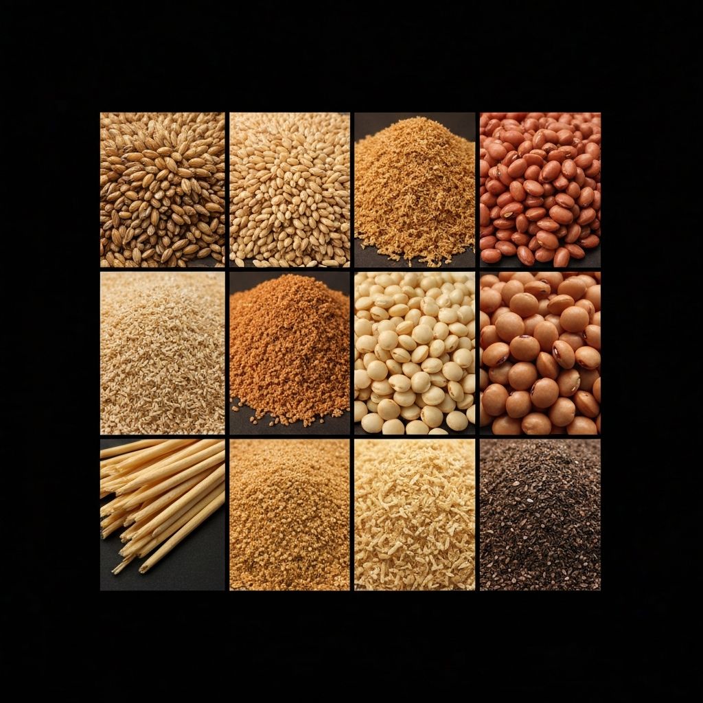 Macro photography of dietary fiber sources including whole grains, legumes, and vegetables in scientific composition