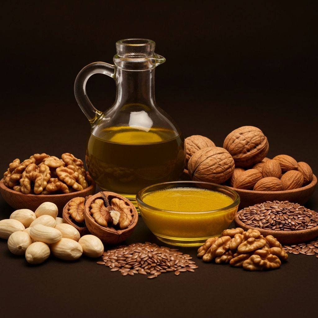 Scientific macro photography of healthy dietary fat sources arranged in balanced artistic composition with warm lighting