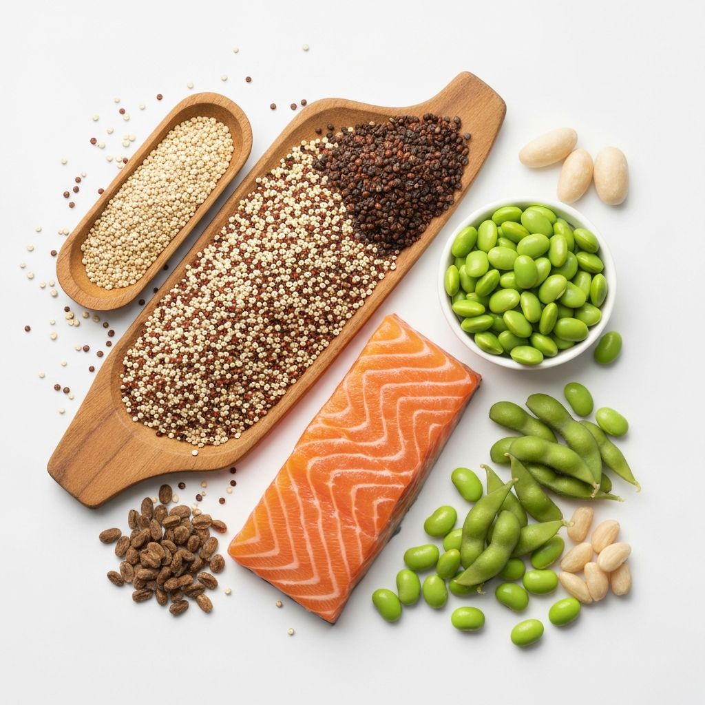 Artistic scientific composition of protein-rich food sources arranged in balanced arrangement with varied lighting