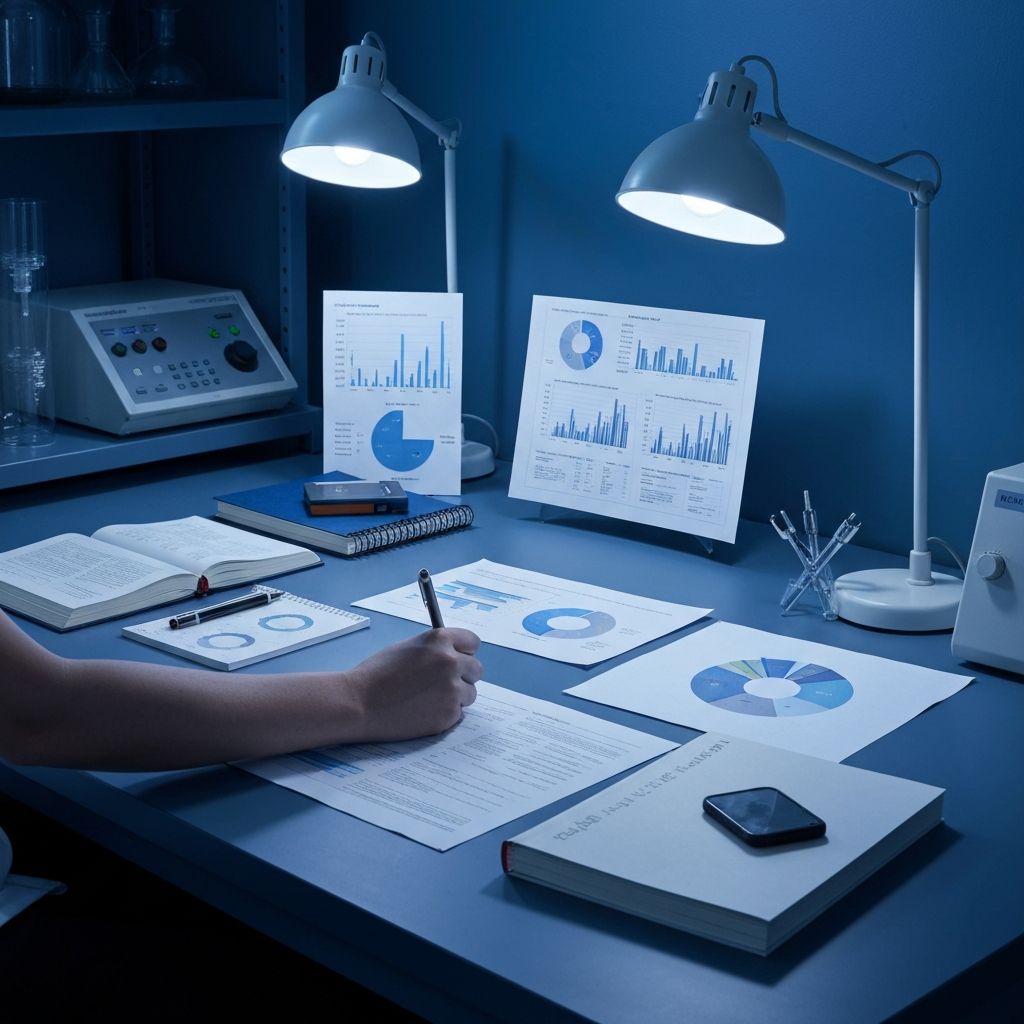 Scientific research environment showing data analysis, charts, and laboratory workspace with deep lighting for nutritional calculation context