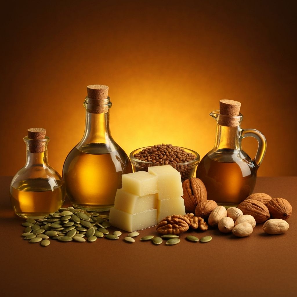 Macro photography of healthy fat sources including oils, nuts, and seeds with warm directional lighting and deep shadows
