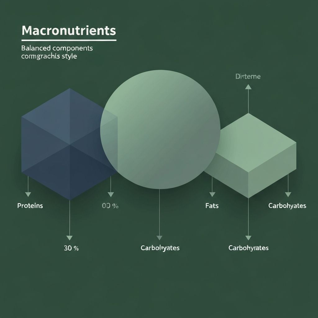 Scientific diagram showing the three macronutrients: proteins, fats, and carbohydrates with their molecular structure representations