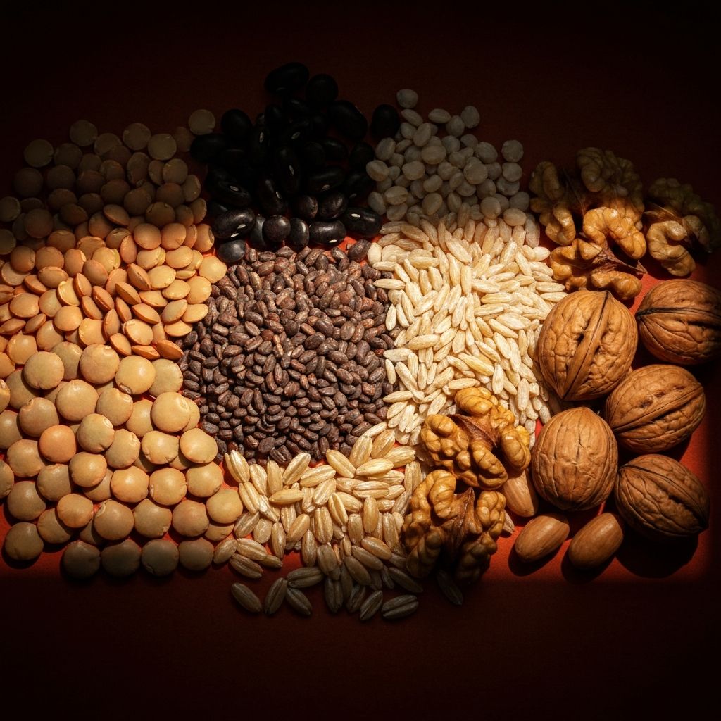 Macro photography of protein-rich food sources including legumes, grains, and nuts arranged in artistic composition